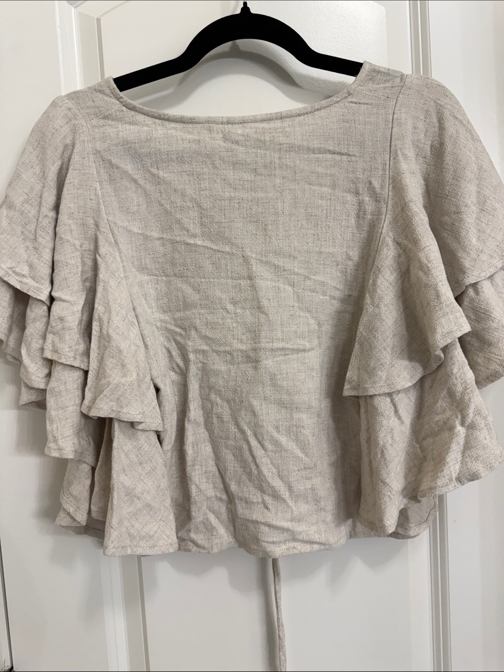 Neutral Cream Ruffle-Sleeve Drawstring Crop Blouse - Picture 5 of 7